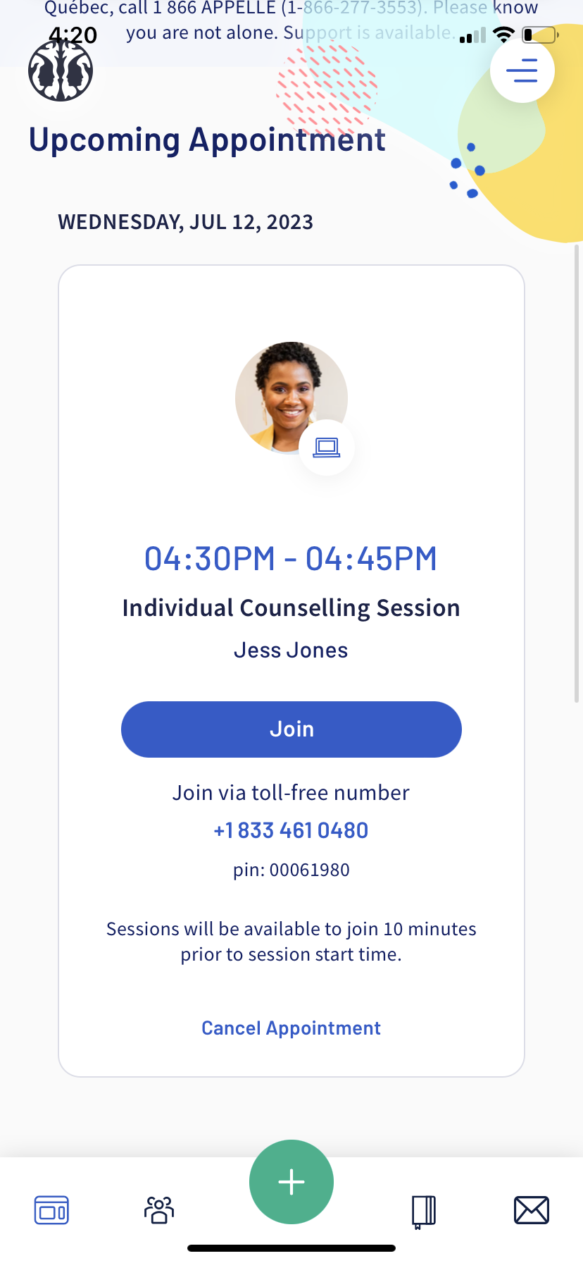 Upcoming appointments screen