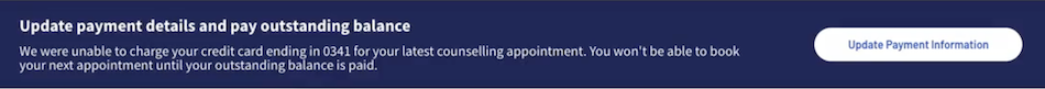 Outstanding client payment banner that appears on the Dashboard and prompts client to pay their outstanding balance.